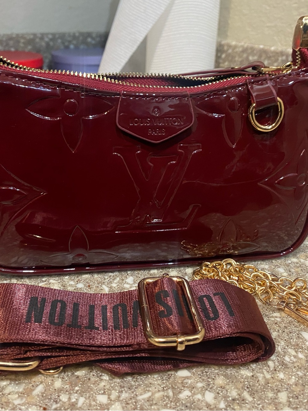 Burgundy Patent Crossbody Bag with Gold Hardware - Picture 6 of 8